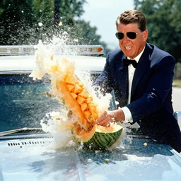melon bursting in front of paver vehicle, ronald reagan with sunglasses
