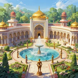 Palace bathhouse in a Indo-Persian city of unfathomable wealth and luxury. Gold, bronze, white, and red. Fountains, statues, anime, lush trees, flower beds, a fantasy digital painting by Greg Rutkowski and James Gurney, trending on Artstation, highly detailed