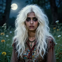 a beautiful but creepy young indian woman in layers of fear, with haunted eyes, violence in her eyes, crazy white hair, wearing a punk outfit, 1 9 7 0 s, seventies, delicate embellishments, a little blood, woodland, moonlight shining on wildflowers, painterly, offset printing technique, by alexandre 4 abanel