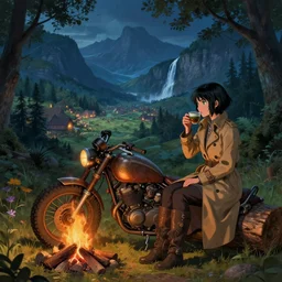 Panoramic photograph on a girl from Final Fantasy live action, with short black hair and green eyes in a tan trenchcoat sitting on a log and drinking tea by the campfire by her motorrad, steampunk motorcycle, in the forest at night, ray tracing, large landscape with village, beautiful, mountains, waterfalls, award winning, masterpiece digital painting by Greg Rutkowski, Alex Grey, artstation, 4k wallpaper, Jakub Rozalski