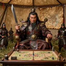 , oversized head a full - body portrait of a little cuties tai warlord with 3 times oversized head wearing leather costumes and holding his bronze dagger in an overgrown battlefield, tai armored warlord who sit on the throne in tai ancient war traditional tent, with strategical sandbox on the wooden table and old leather map on the wall, among tai warriors, high quality detailed face minimal
