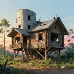 a beautiful very detailed anime illustration of architecture nature log house unfinished building urbex abandoned by frank gehry, otherworldly at dawn retrowave, archdaily, wallpaper, highly detailed, trending on artstation.