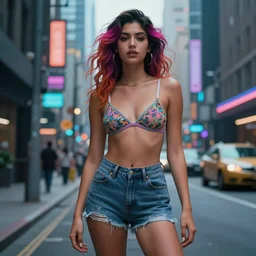 fashion photography, gorgeous latin woman, colorful hairs, wearing bra and shorts streetwear, cyberpunk city street, costume design, illustration, cinematic color grading, hyperrealism, trending on artstation, elegant, vfx, postprocessing, octane render, 8 k, by charlie bowater