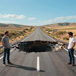 epic matte painting of a stretch of highway with a crater in it, cinematic, hyper realism, high detail, octane render, unreal engine, 8 k, vibrant color, by andrea chiampo and chet zar