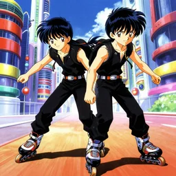 twin japanese anime boys, short boys, long black hair, black clothes, rollerblades, cel - shading, 2 0 0 1 anime, flcl, jet set radio future, futuristic city, japanese city, colorful buildings, cel - shaded, strong shadows, vivid hues, y 2 k aesthetic, art by artgerm