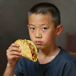 dramatic portrait of chinese boy buzz cut, holding a taco, digital painting