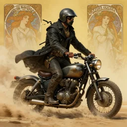 steampunk man on a motorcycle, standing, black coat, helmet on his head, sandstorm, detailed illustration, hd, 4k, digital art, overdetailed art, concept art, by greg rutkowski, by Alfons Mucha, complementing colors, Trending on artstation, deviantart