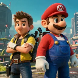 Mario and Lugi in cyberpunk 2077 unreal engine 5 8k ultra high level of detail