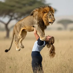 woman lifting up a lion