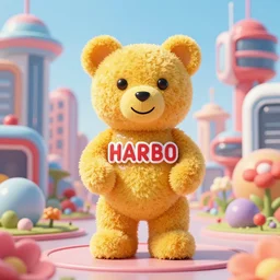portrait of haribo bear in future city, color and shape focus, central composition, natural light, bloom, puff, by simon stalenhag and rene ma