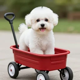 a photorealistic photograph of a smiling white Bichon Frisé puppy riding in red wagon overflowing with french fries during sunset at the beach Trending on Artstation, featured on Behance, well-rendered, Unreal Engine, 4K HD
