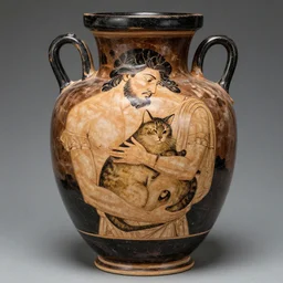 classical greek pottery depicting a heroic greek man hugging a cat