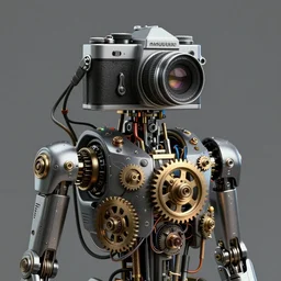 automaton with an old - school camera for a head, sci - fi, dystopian, 4 k, realistic, render, detailed, gears, wires, cables, gadgets