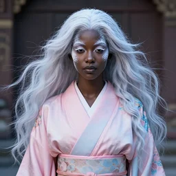 dreamlike luxury stunning gorgeous black skin woman fairy portrait, pale pink and blue kimono long hair windy, art by artgerm, wlop, loish, ilya kuvshinov, 8 k hyperrealistic, hyperdetailed, beautiful lighting, detailed background, depth of field, symmetrical face, frostbite 3 engine, cryengine,