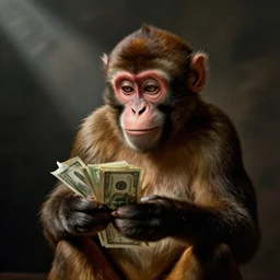 monkey holding money, chromatic, crepuscular rays, dslr, caravaggio, ciane color, dof