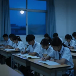 students in a classroom at night, blue tint, moonlight coming through window