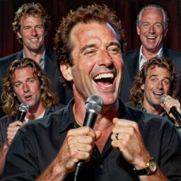 a mixed media portrait painting of jerry seinfeld 1 9 9 0 s laughing hysterically in a comedy club by frank frazetta, greg rutkowski, christian macnevin, wlop, krenz cushart, epic fantasy character art, volumetric lighting, cgsociety, exquisite detail, masterpiece, cinematic