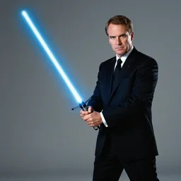 2 0 0 7 john lasseter wearing a black suit and black necktie weilding a light blue lightsaber