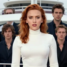 scarlet johansson as a beautiful pale vampire with auburn hair in a white turtleneck dress, on a super yacht, by guweiz and wlop and ilya kuvshinov and and moebius, artgerm, symmetrical eyes, aesthetic, gorgeous, stunning, alluring, attractive, half body portrait, nice details, detailed, artstation, deviantart, pinterest, digital art