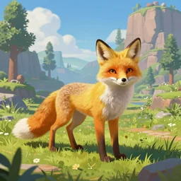 vivid digital painting of a yellow fox in a metaverse landscape