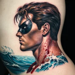 a portrait of a man with side profile blood in ocean intricate details :: tattoo on neck :: wearing a mask by MARVEL comics and Sandra Chevrier