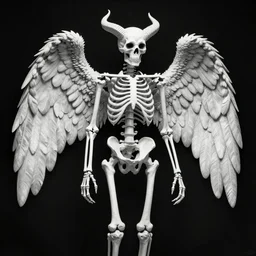 Black and white photograph of a big white tall skeleton with wings and horns on the backrooms, 4K, highly detailed, surrealist, weird, strange, uncanny, odd, eerie, mysterious