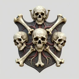 3d render of an old coat of arms with bones, skulls, xenomorphic skulls nerves and veins