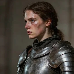 close - up portrait of a young joan of arc in armor, with a dirty and sweaty face, determined expression, in profile, dynamic pose, realistic shaded, dramatic lighting, concept art, hyper detailed, trending on artstation, by wlop, by greg rutkowski, by christophe young, by raymond swanland