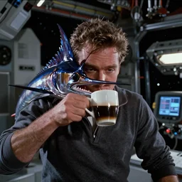 A close-up, color cinema film still of a marlin monroe drinking coffee at a space station, sci-fi lighting at night;  from Alien(1979)