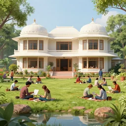 a crowd of artists in a beautiful indian house with large windows and garden, on a lake, surrounded by rocks and trees, summers in central india, 1 9 9 0 s, by alex webb, by gregory crewdson, featured on architecture daily, shot on large format film, grainy, cinematic composition, beautiful volumetric lighting, no frames