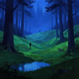 silhouette of an explorer in a hilly green blue fantasy redwood forest with ponds at dusk. perspective landscape fantasy. high contrast, strong shadows. deep colorful soft gradients, rich blue tones. by norman rockwell, johfra bosschart, and eyvind earle. artstation