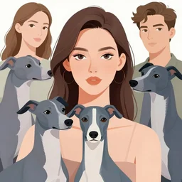 digital illustration close up wide portrait of a beautiful woman, blue whippets, simon stalenhag, chie yoshii, casey weldon, martine johanna, tim walker, harper's bazaar art fashion magazine, intricate, 8 k render in octane, sharp focus, dog photography, award winning landscape photography, artstation