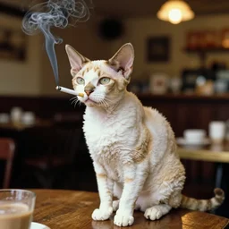 a medium shot, award-winning photograph, of a white and tan Devon Rex cat smoking a cigarette in a Dutch Café, warm lighting 2700k, 1975 from Time Magazine