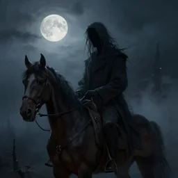 a digital painting of the headless horseman, sitting in his horse, night time, volumetric light, fog, full moon, moonglow, dark fantasy, horror, in the style of greg rutkowski