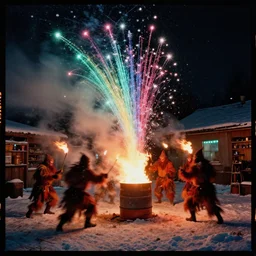 kodak portra 4 0 0, wetplate, winter, snowflakes, rainbow coloured rockets, chaos, glitter tornados, award winning dynamic photo of a bunch of hazardous krampus between exploding fire barrels by robert capas, motion blur, in a small pantry at night with colourful pyro fireworks and torches, teal lights