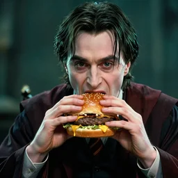 Lord Voldemort eating a cheeseburger, photo realistic, award-winning, highly-detailed, epic, cinematic, dramatic
