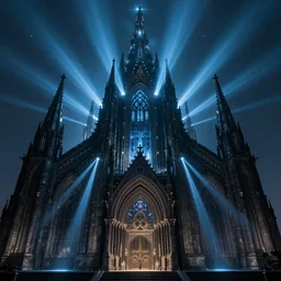 a huge dark eldritch cathedral filled with blue ray traced light by WLOP and tony sart and bekinski, god rays, fantasy art, 4k, HDR, photorealistic, 8k, trending on artstation