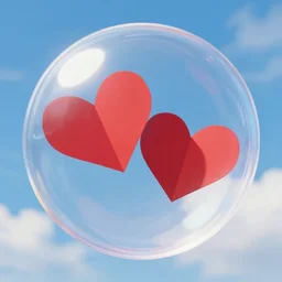 two red paper hearts in a clear glass spherical bubble. blue sky with clouds background. illustration, artstation, realistic, beautiful, dreamlike