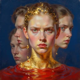 3 d, close - up, boiling liquid gold and red water, frown fashion model, poster art, high detail, intricate oil painting, multiple exposure, deep blue mood, hyperrealism, 3 d, by tooth wu and wlop and beeple and greg rutkowski