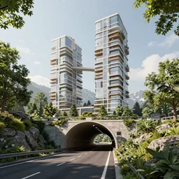 maximalism digital art, denis villeneuve establishing shot of modern bjarke ingels condo building and gotthard tunnel entrance combined, roads tunnel under bjarke ingels condo building, lush environment, scifi artstation digital concept art, unreal engine, hyper realism, realistic shading, blender render, octane render, wide shot