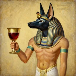 The Egyptian god Anubis holding a golden chalice filled with red wine, oil painting, old