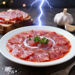 plate of borscht, brown bread with sliced salo, salt, hyper realistic, foodphoto, extremely detailed, photorealism, garlic on background, side view, bokeh, epic lightning, yamy, sigma 8 5 mm f 1. 5!!