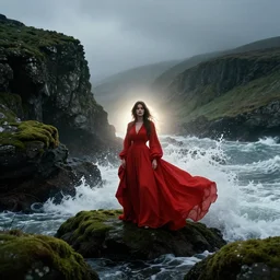 dark and moody 1 9 7 0's artistic spaghetti western film in color, a woman in a giant billowy wide long flowing waving red dress, standing inside a green mossy irish rocky scenic landscape, crashing waves and sea foam, volumetric lighting, backlit, moody, atmospheric, fog