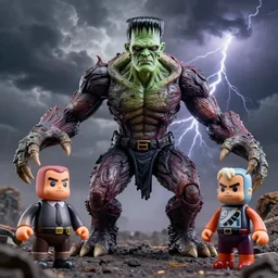 hyperrealistic rendering, epic boss battle, cronenberg flesh monster creature from the black lagoon frankenstein, by art of skinner and richard corben, product photography, collectible action figure, sofubi, hottoys, storm clouds, outside, lightning