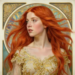 intricate art nouveau oil painting of redheaded young saoirse ronan or redheaded millie bobby brown with long hair blowing in the wind, wearing an intricate gold lace dress, highly detailed, intricate, elegant, digital painting, smooth, sharp focus, illustration, ultra realistic, 8 k, by bouguereau, alphonse mucha, artgerm, and donato giancola