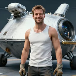 a man in a white tank top and dirty gloves smilling and standing near a space vehicle, award winning, trending on artstation, unreal engine