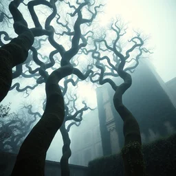 analog photo of a foreground of tall swirling spiral trees, concrete and ivy in the background, dramatic lighting, mist, hyper detailed, cinematic, hyper realistic