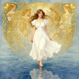 highly detailed portrait of a barefoot white skirt girl stand on the water, water surface reflection, the calm sea level, gold filigree, romantic storybook fantasy, soft cinematic lighting, award, disney concept art watercolor illustration by mandy jurgens and alphonse mucha and alena aenami, pastel color palette, featured on artstation