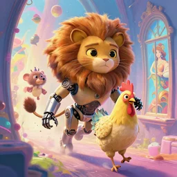 a vibrant emotional digital 3 d cg of xenomorphic cyborg cat lion chicken rodent!!! traveling through windows of time, studio ghibli, pixar and disney animation, sharp, disney concept art maximalist splatter paint illustration by shinji kimura and alphonse mucha and alena aenami, pastel color palette, bloom!!, dramatic lighting