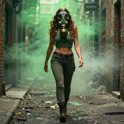 fit badass woman in a gas mask walking oh out of a green haze In an alley by Emmanuel Lubezki